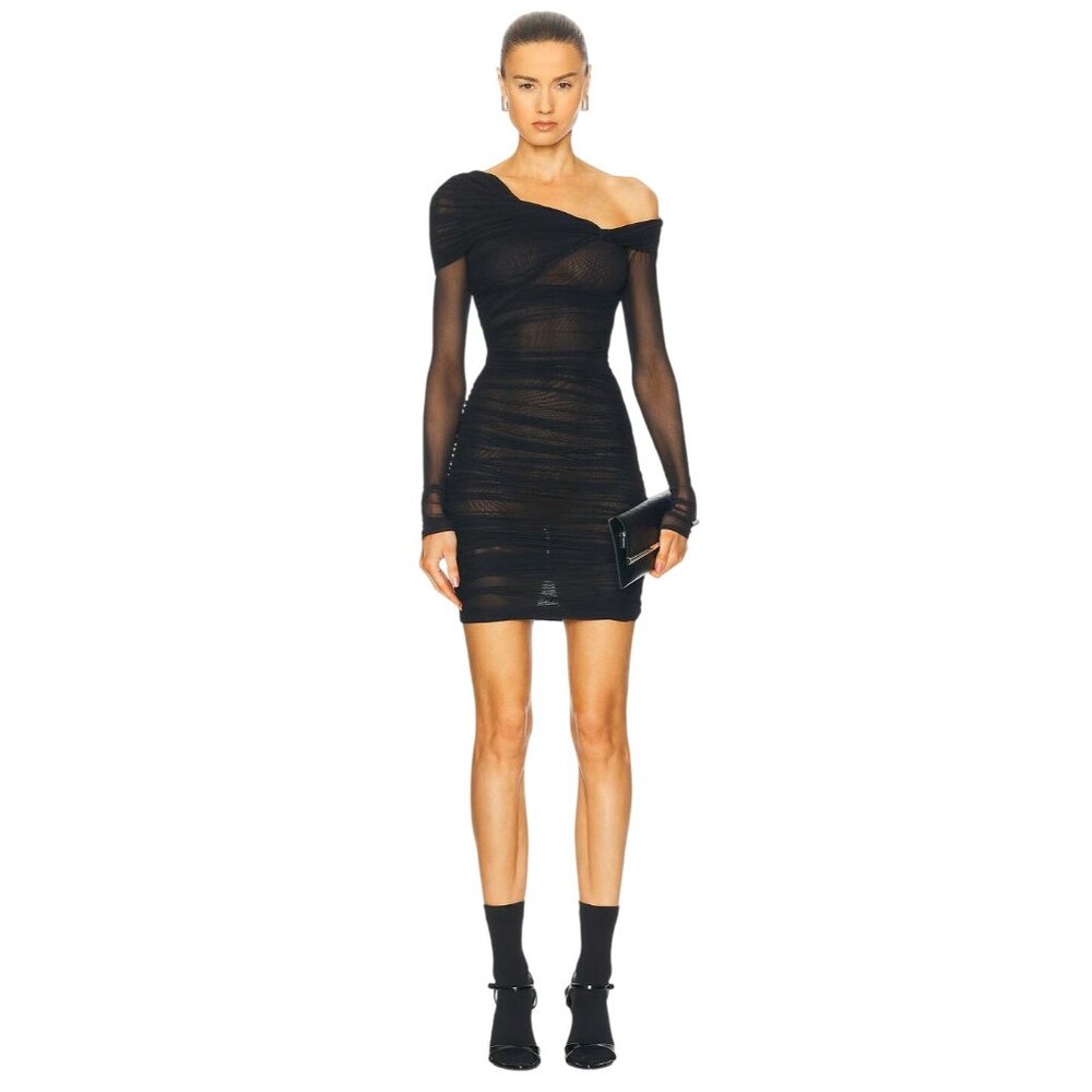 Mugler One Shoulder Mini Dress in Black 42 New Womens Long Sleeve